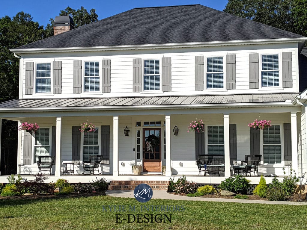Exterior, best white paint color, Sherwin Alabaster. Gray shutters, pink toned brick. Kylie M Interiors Edesign, online paint colour consulting