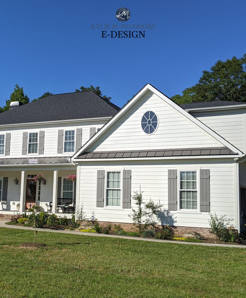 Exterior, best white paint color, Sherwin Alabaster. Grey metal roof. Gray shutters, pink toned brick. Kylie M Interiors E-design, online paint color consulting