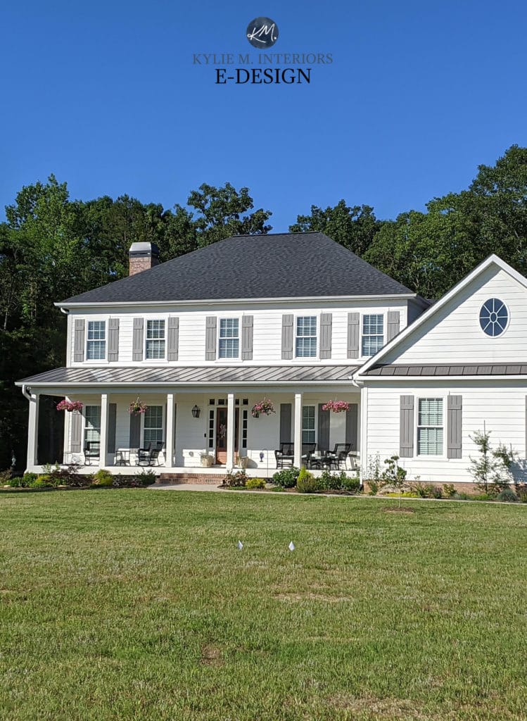 Exterior, best white paint color, Sherwin Alabaster. Grey metal roof. Gray shutters, pink toned brick. Kylie M Interiors Edesign, online paint colour consulting
