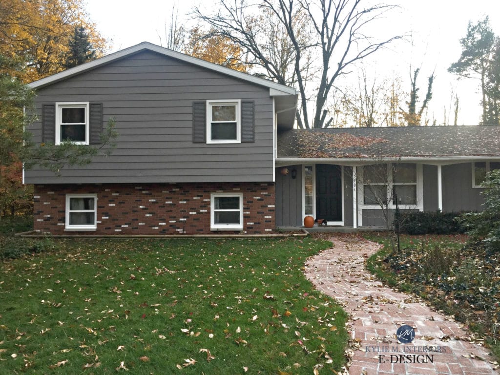 Exterior with red brick. Paint colours Sherwin Williams Dovetail and gauntlet gray with Iron Ore front door and white trim. Kylie M Interiors Edesign, online paint colour consultant