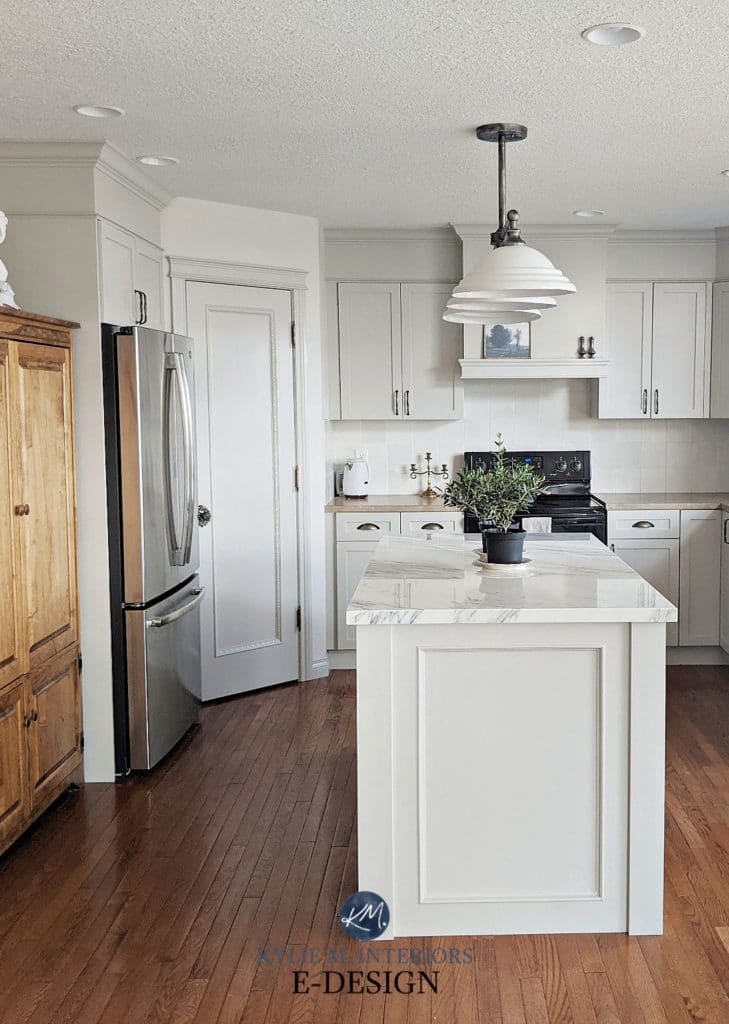 Gray greige painted kitchen maple cabinets. Marble island and beige laminate countertop. Kylie M Interiors Edesign, Benjamin Moore and Sherwin Agreeable Gray, Classic Gray
