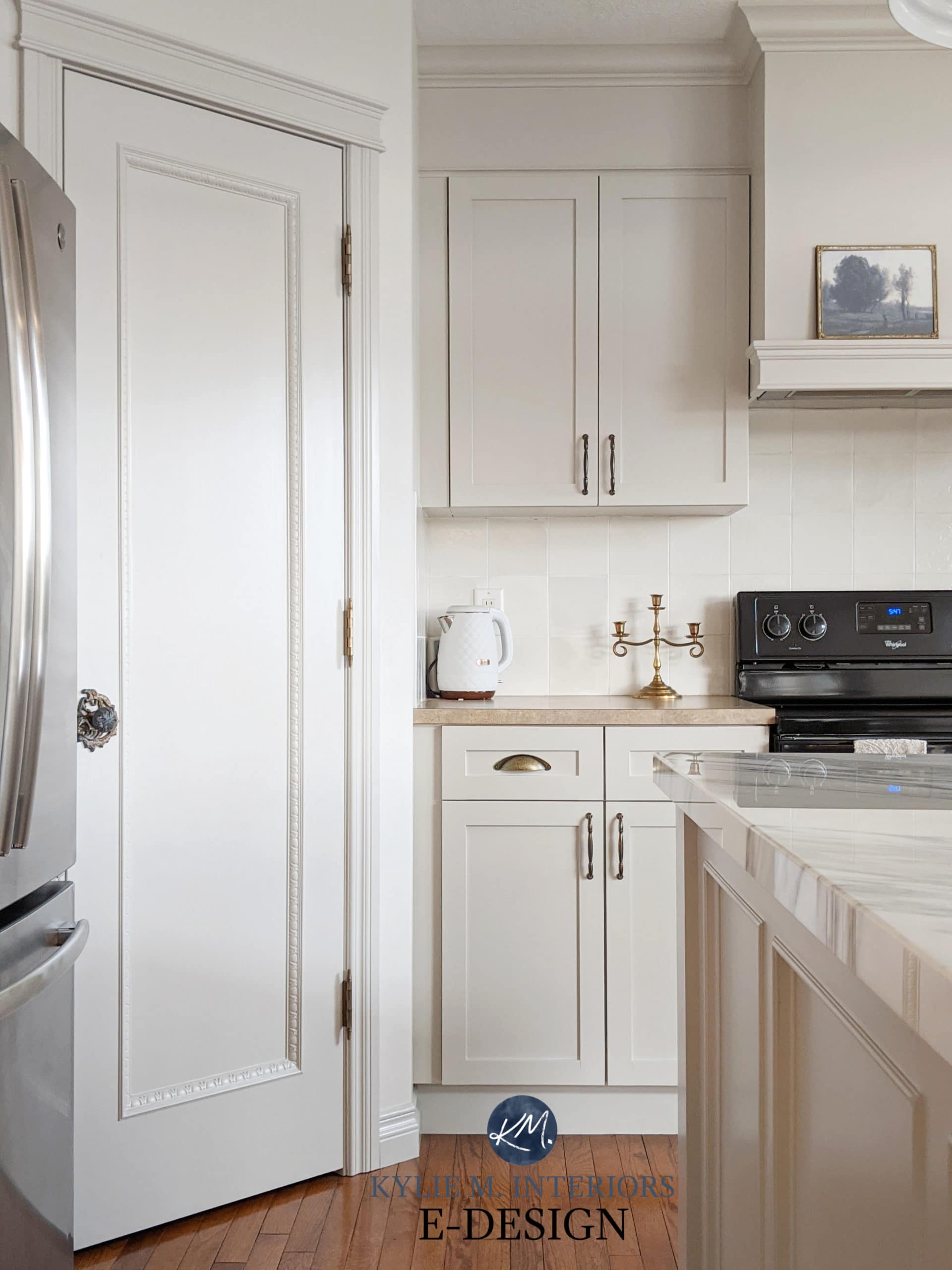 Kitchen wood cabinets painted Sherwin Agreeable Gray, Classic Gray walls. Kylie M INteriors Edesign online virtual paint color advice blog