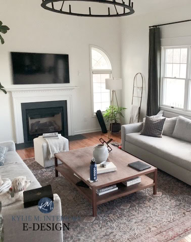 Living room, transitional style, Sherwin Williams Alabaster, sofa, fireplace and tv, chandelier, warm white walls paint colour. Kylie M Interiors diy