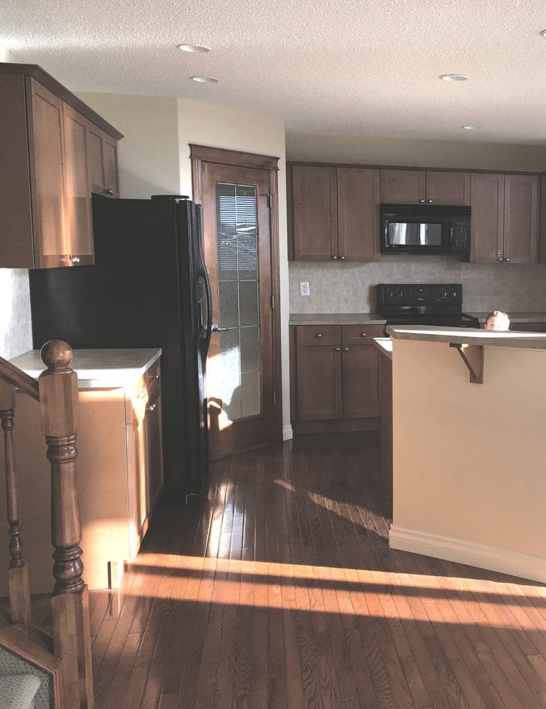Maple kitchen cabinets BEFORE painting with edesign, beige laminate countertops