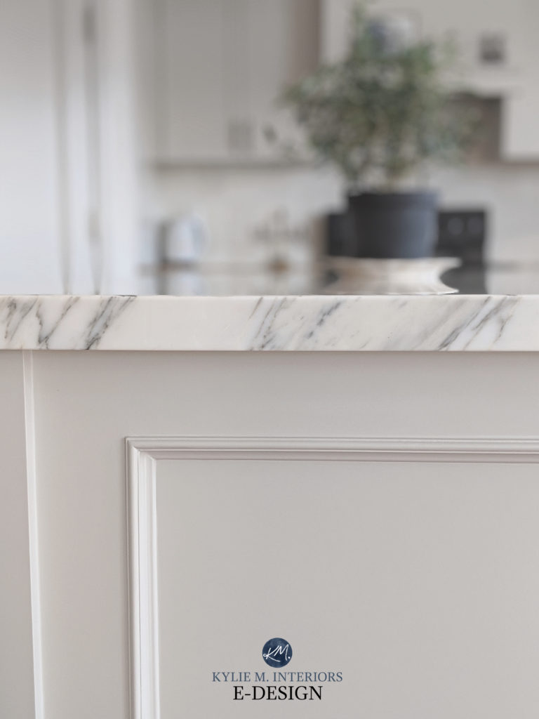 Marble island countertop, painted warm gray, greige island. Kylie M Interiors Edesign, online paint color consulting
