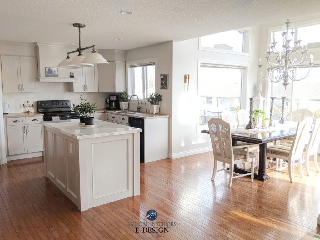 Open layout living and dining, painted wood cabinets, greige or grey. Benjamin Moore Classic Gray, Sherwin Agreeable Gray. Kylie M Interiors Edesign, online consulting