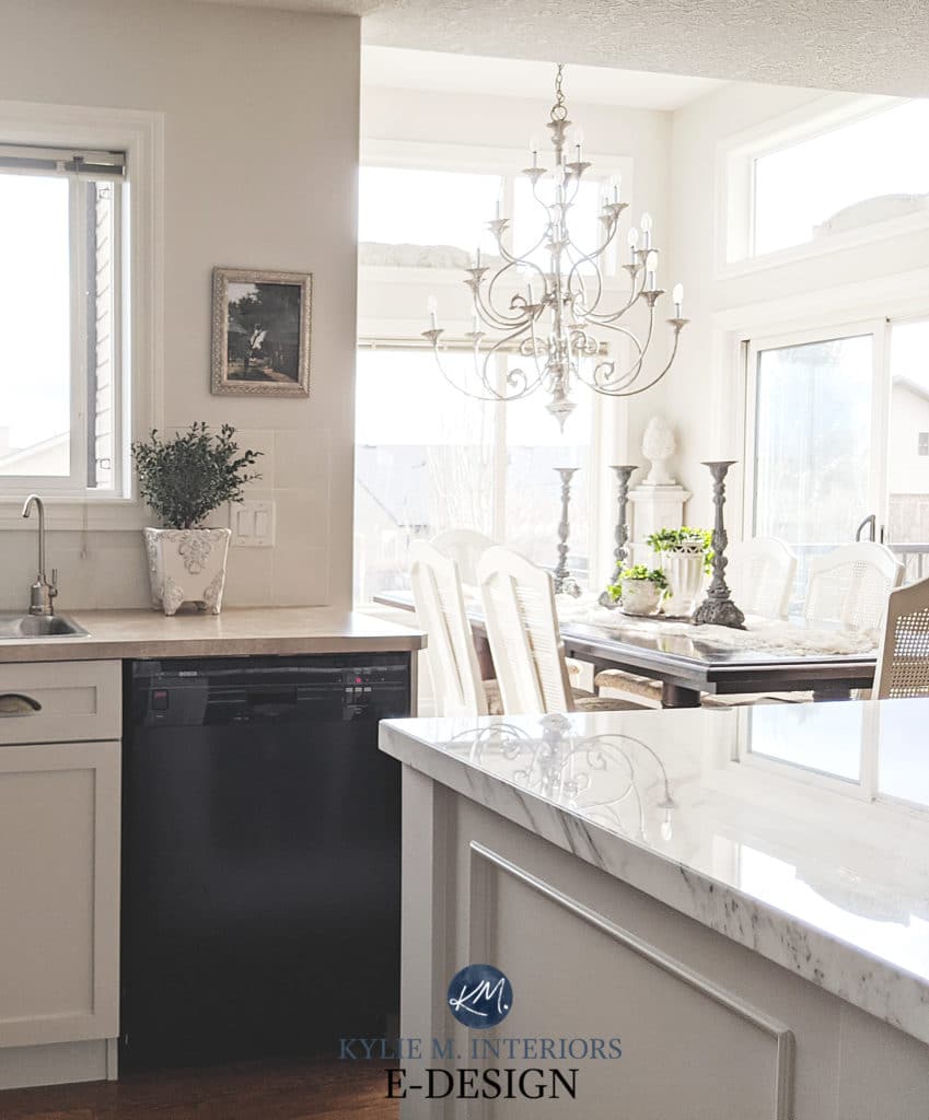 Painted maple wood kitchen cabinets. Sherwin greige paint colour. Beige laminate formica countertops and marble. Kylie M Interiors Edesign (1)