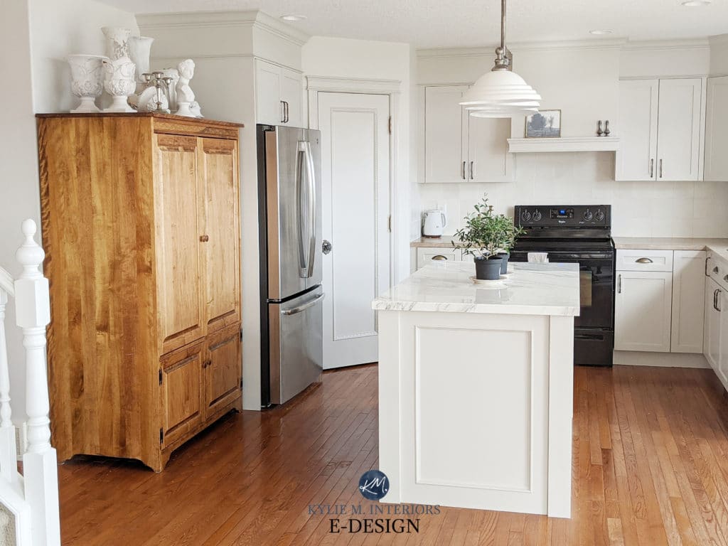 Painted wood maple kitchen cabinets. Kylie M Interiors Edesign. Benjamin Moore Classic Gray, Sherwin Agreeable Gray, marble island, beige laminate countertops. Edesign, virtual advice