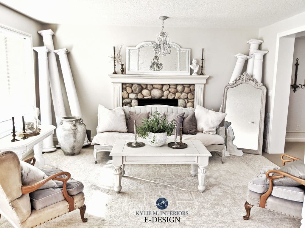 Romantic off-white living room style. Benjamin Moore Classic Gray river rock stone fireplace. Kylie M Interiors Edesign, online paint color consulting 
