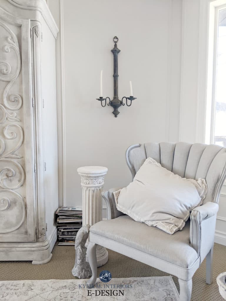 Romantic style decor and living room. Benjamin Moore Classic Gray. Kylie M Interiors Edesign, online paint color consulting