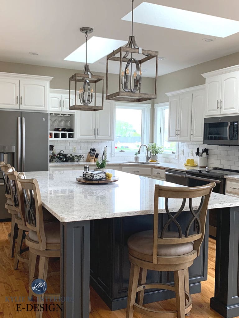 Alabaster, White kitchen, Alabaster, Island Sherwin Iron Ore, Viatera Aria, Sandbar. Kylie M Interiors Edesign, online virtual paint color consulting. Kitchen remodel