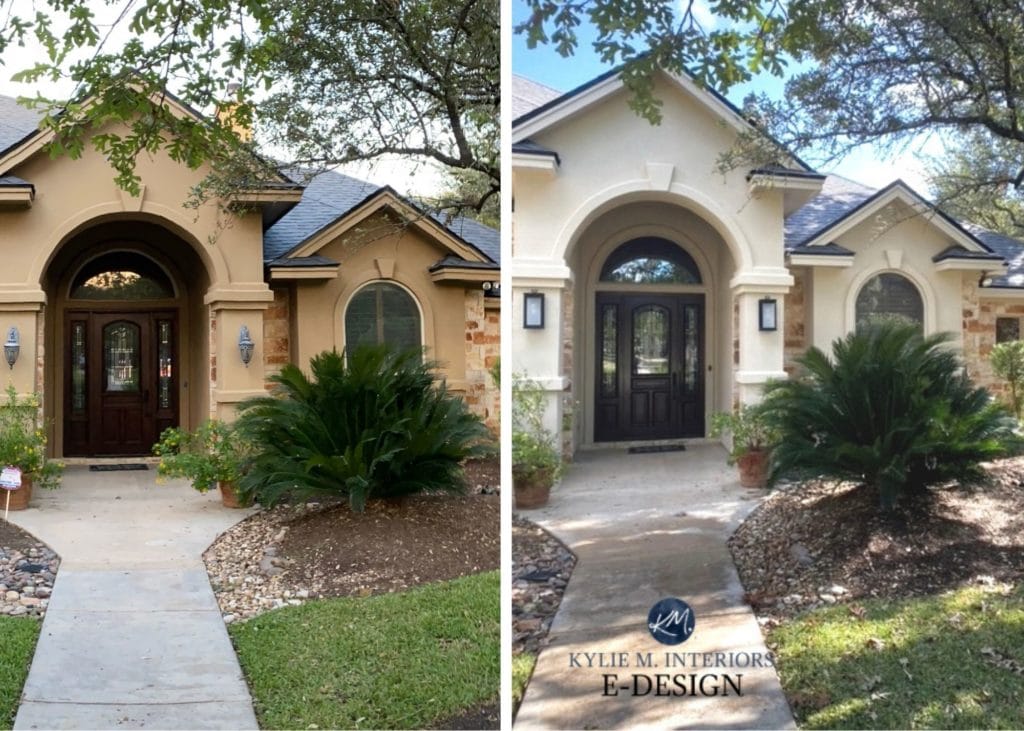 Before after, exterior with yellow, orange brown stone, roof. Kylie M Interiors Edesign, online paint color and DIY advice blogger