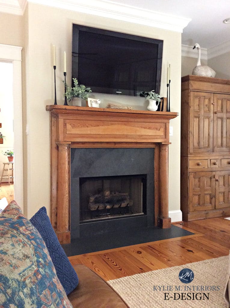 Best neutral paint colour. Manchester Tan Benjamin Moore. Kylie M Interiors Edesign, online paint color advice, fireplace with TV in living room