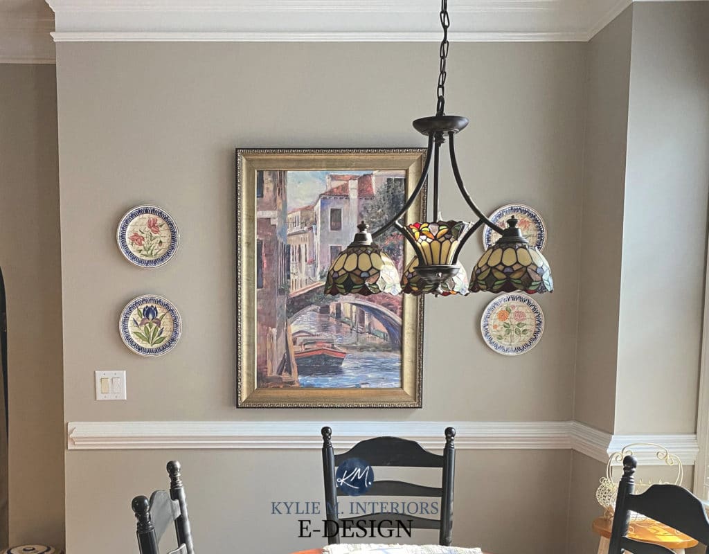 Best warm gray or greige, green undertone, Sherwin Williams Amazing Gray in traditional eating nook. Kylie M Interiors Edesign, online paint colour diy blogger (2)
