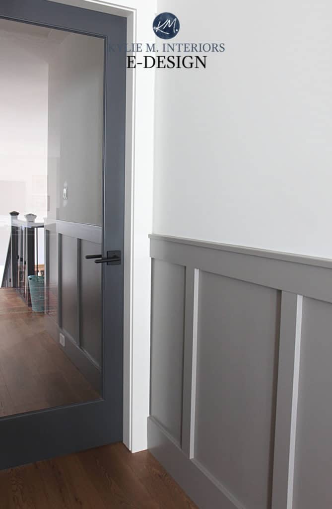 DIY Board and batten, White Dove and Benjamin Moore Graystone and door painted Cheating Heart. Kylie M Interiors Edesign, online paint color consulting and blog advice