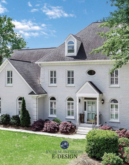 Exterior brick home painted Sherwin Williams Agreeable Gray, Comfort Gray, Snowbound. Kylie M Interiors, online paint color consulting and diy advice