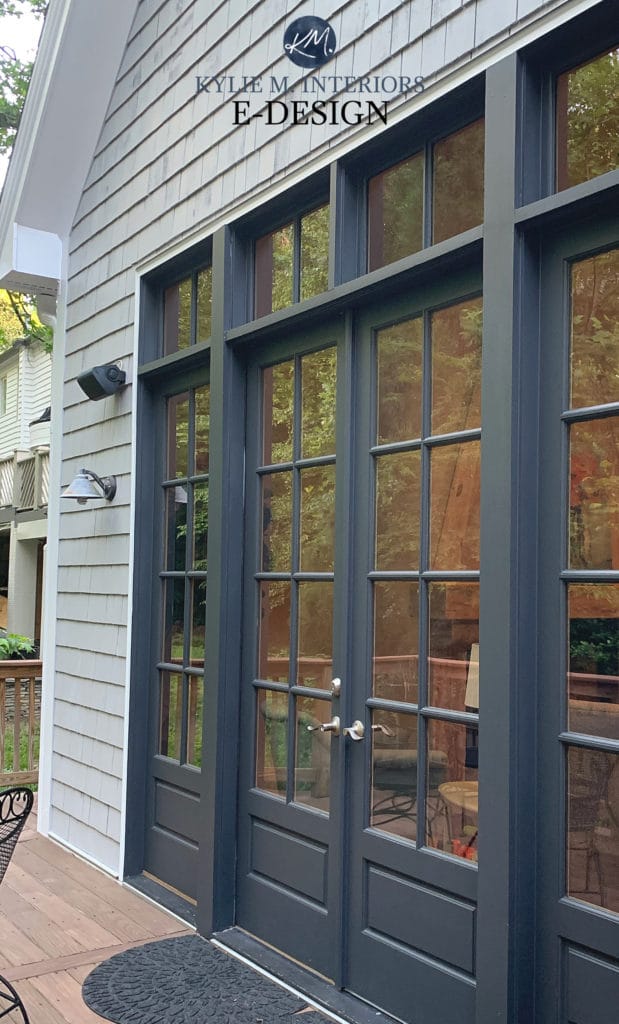 Exterior french doors, Benjamin Moore Cheating heart, Knitting Needles siding. Kylie M Interiors Edesign, online paint color consulting and virtual advice