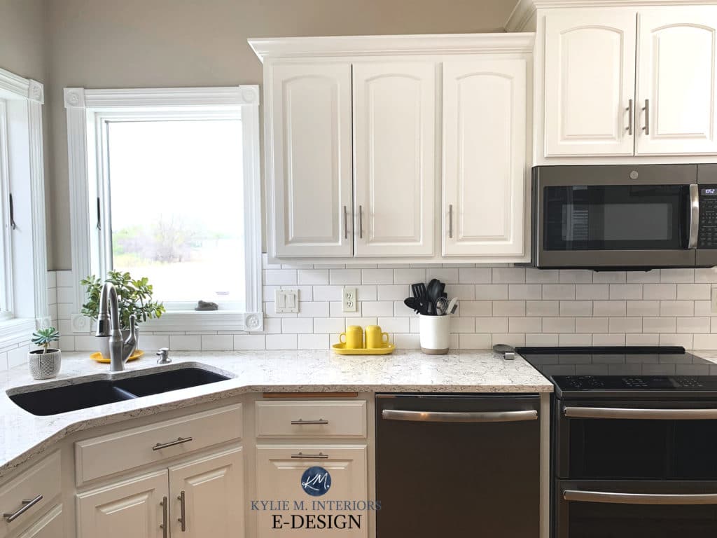 Kitchen, white subway tile, Sherwin Alabaster cabinets, Viatera Aria quartz, subway tile. Sandbar. Kylie M Interiors Edesign, online decor advice