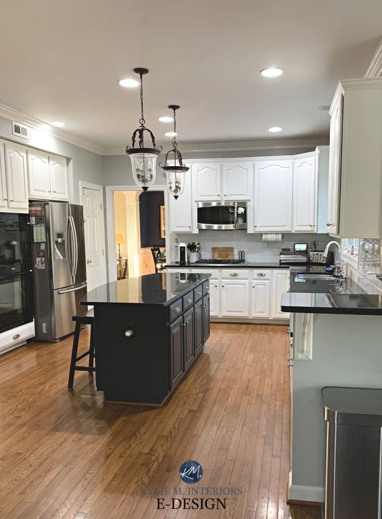 Painted wood maple cabinets. Pure White and Iron Ore, Sherwin Williams Kylie M Interiors online virtual paint colour and decorating advice