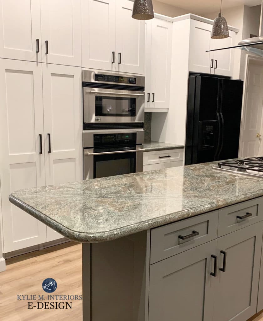 Benjamin Moore Amherst Gray on painted island, green in granite countertop, Chantilly Lace white on main cabinets, Stainless steel. Kylie M Edesign