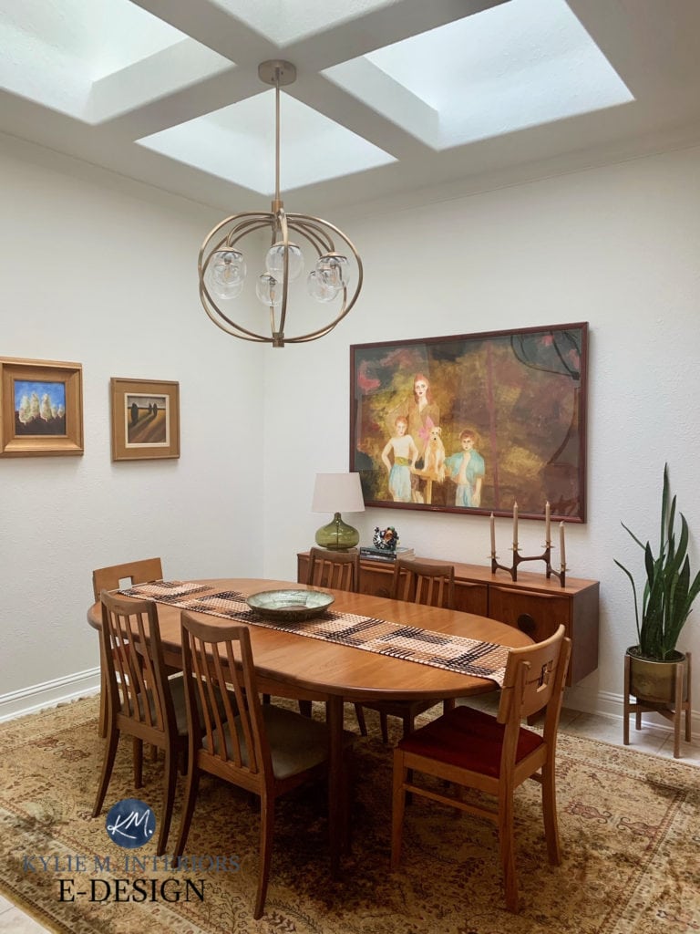 Best height artwork in dining room above buffet.Benjamin More White Dove, warm colours, dining room, skylight. Warm wood furniture and home decor. Kylie M Interiors Edesign
