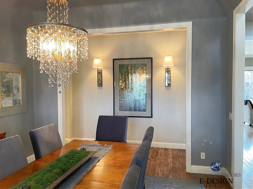 Best right height to hang picture or mirror in dining room or on bare wall. Sherwin Williams Accessible Beige and Storm. Kylie M Interiors Edesign