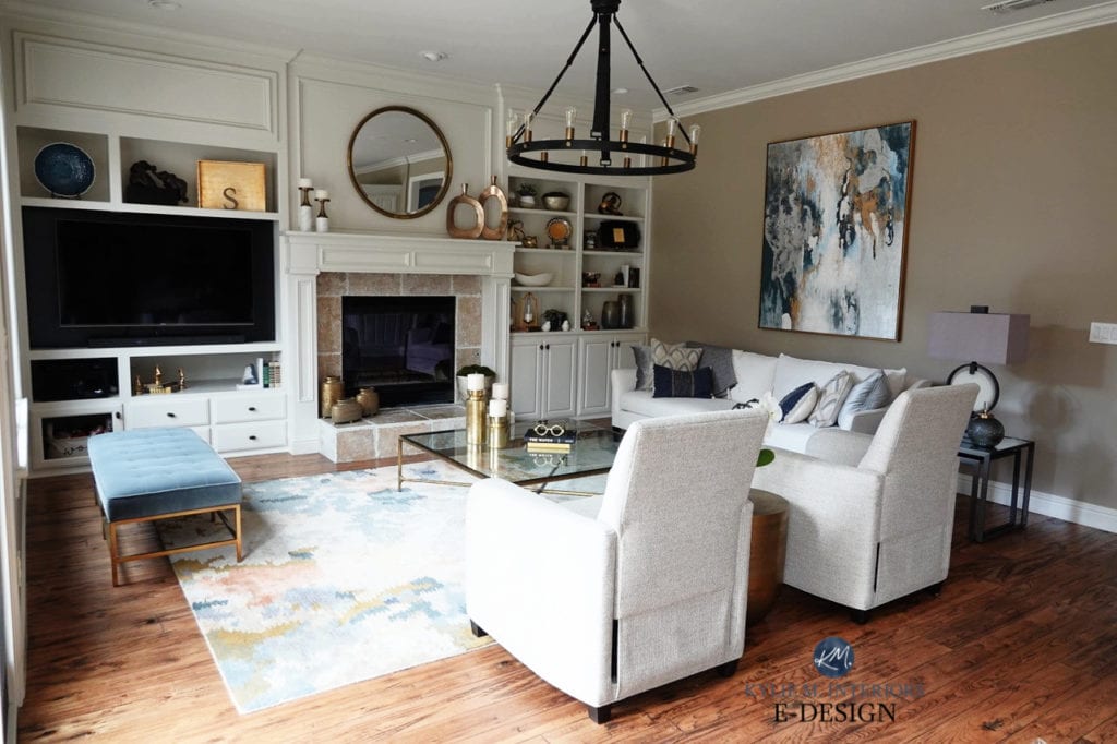 Living or family room, Sherwin Williams Tony Taupe, Aesthetic White, warm neutrals. Painted fireplace built ins, travertine. Kylie M