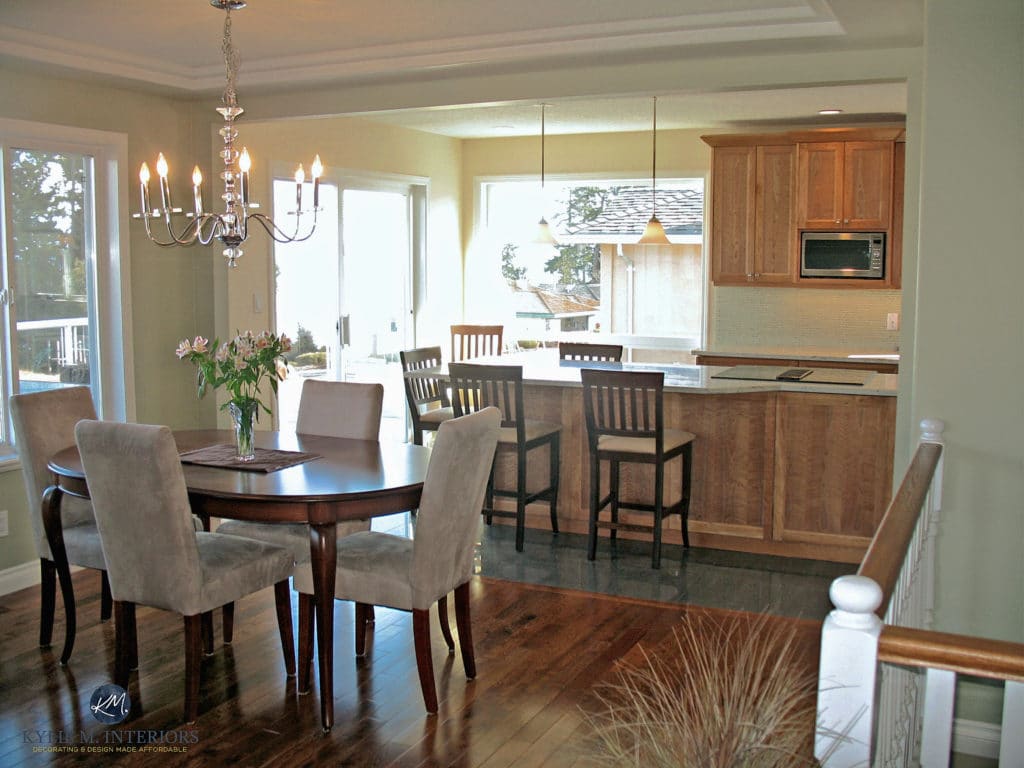 Open concept dining and kitchen with wall removed. Cherry cabinets and island with granite. Kylie M interiors. 1990s home update ideas
