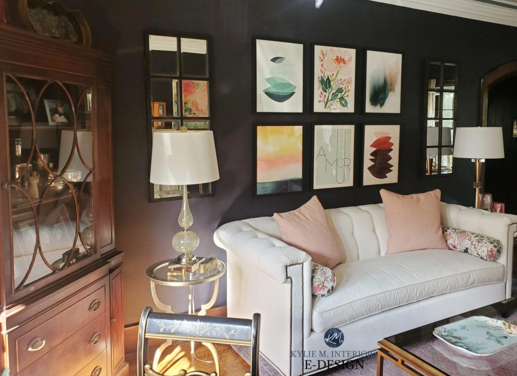 Sherwin Williams best violet purple paint colour DARK Black Swan with pink accents and bright art and home decor. Kylie M Interiors Edesign, diy update ideas