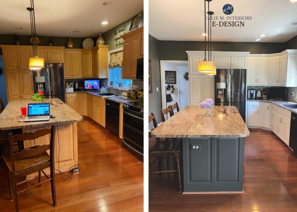 Before and after painted oak, maple cabinets. granite counterop, wood flooring. Kylie M Interiors Edesign, online paint color consulting