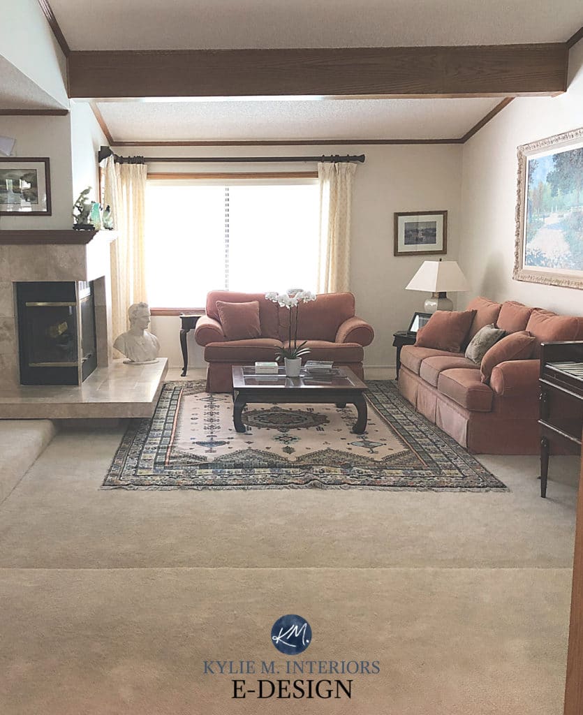 Benjamin Moore Navajo White, cream beige carpet, traditional style, dark wood trim. Kylie M Interiors Edesign, online paint colour expert and diy blogger (1)