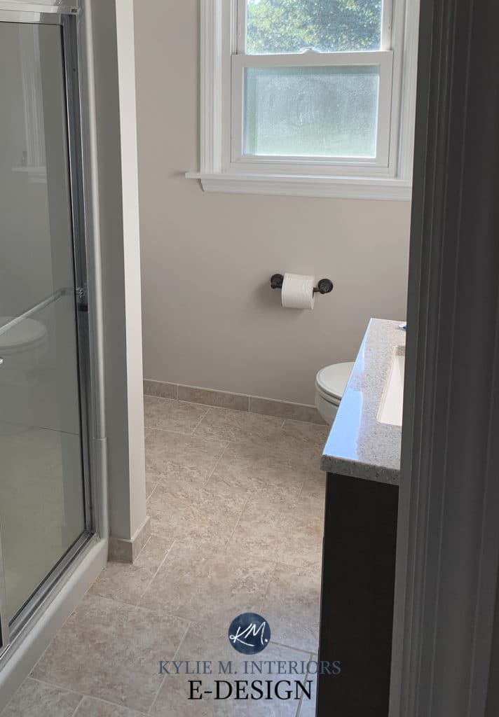 Benjamin Moore Pale Oak, update idea for bathroom with beige floor tile. Kylie M Interiors Edesign, online paint color consulting