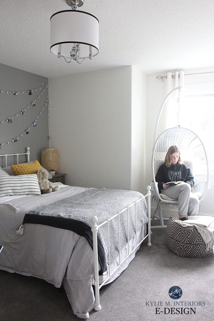 Benjamin Moore White Dove, Platinum Gray feature wall, teen tween girl room. Gray carpet. Kylie M Interiors Edesign (1)