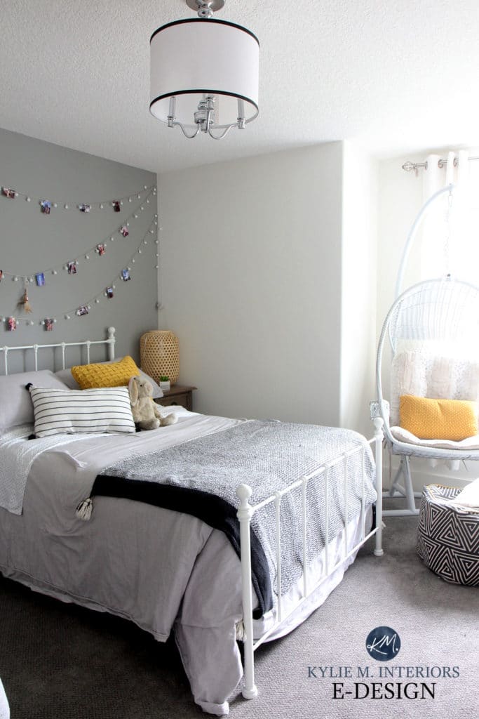 Benjamin Moore White Dove, Platinum Gray feature wall, teen tween girl room. Gray carpet. Kylie M Interiors Edesign (2)
