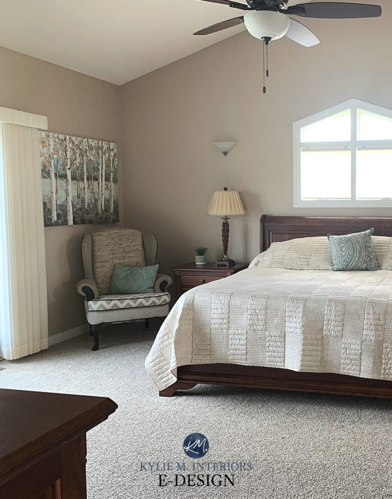 Best beige paint colour, Sherwin Williams Nomadic Desert, beige carpet, dark wood furniture in bedroom. Kylie M Interiors Edesign, top virtual color consultant and diy decorating ideas blogger