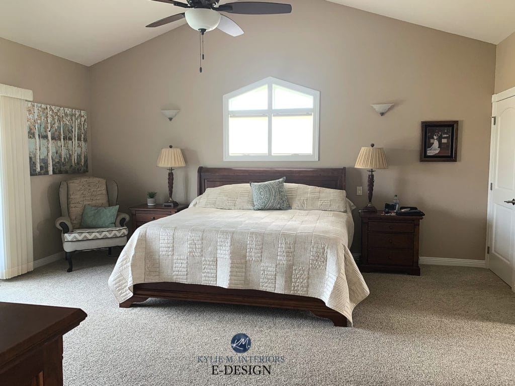 Best beige paint colour, Sherwin Williams Nomadic Desert, beige carpet, dark wood furniture in bedroom. Kylie M Interiors Edesign, top virtual color consultant and diy decorating ideas blogger (3)