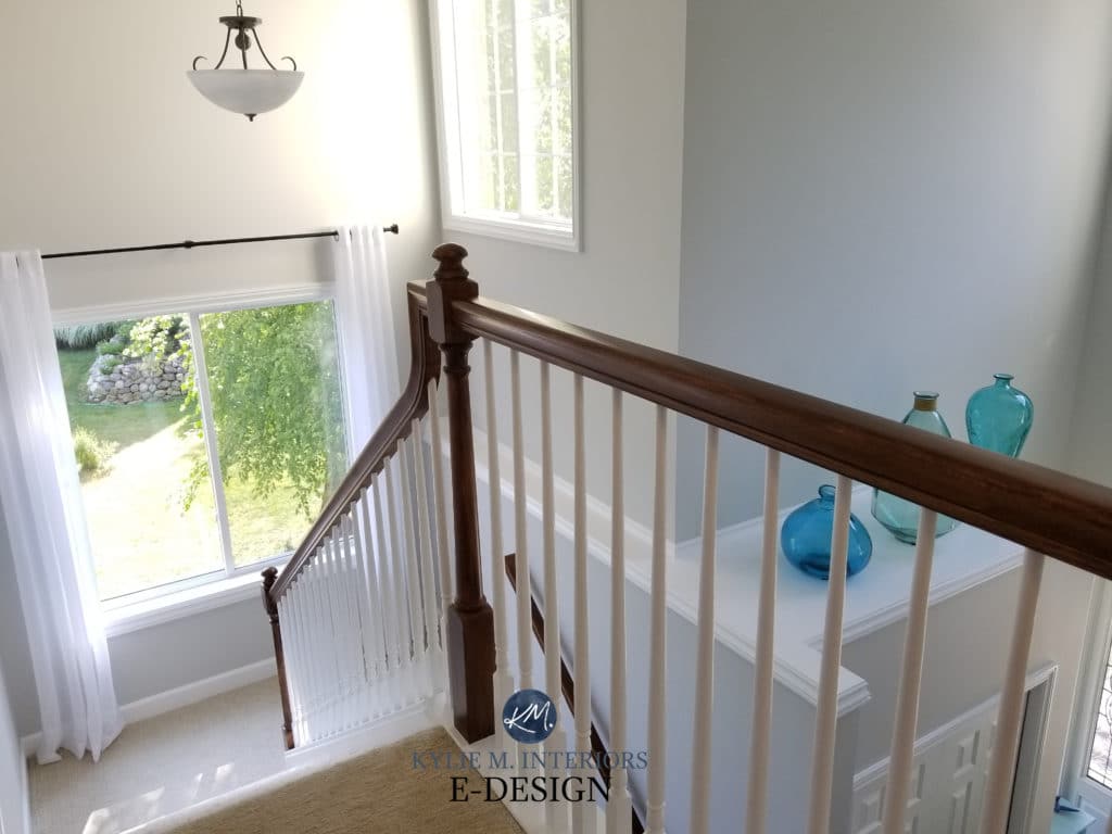 Best gray paint colour, Benjamin Moore Gray Owl, lightened, beige tan carpet, white and wood stair railing. Kylie M Interiors Edesign, online popular paint color expert and diy decorating blogger (4)