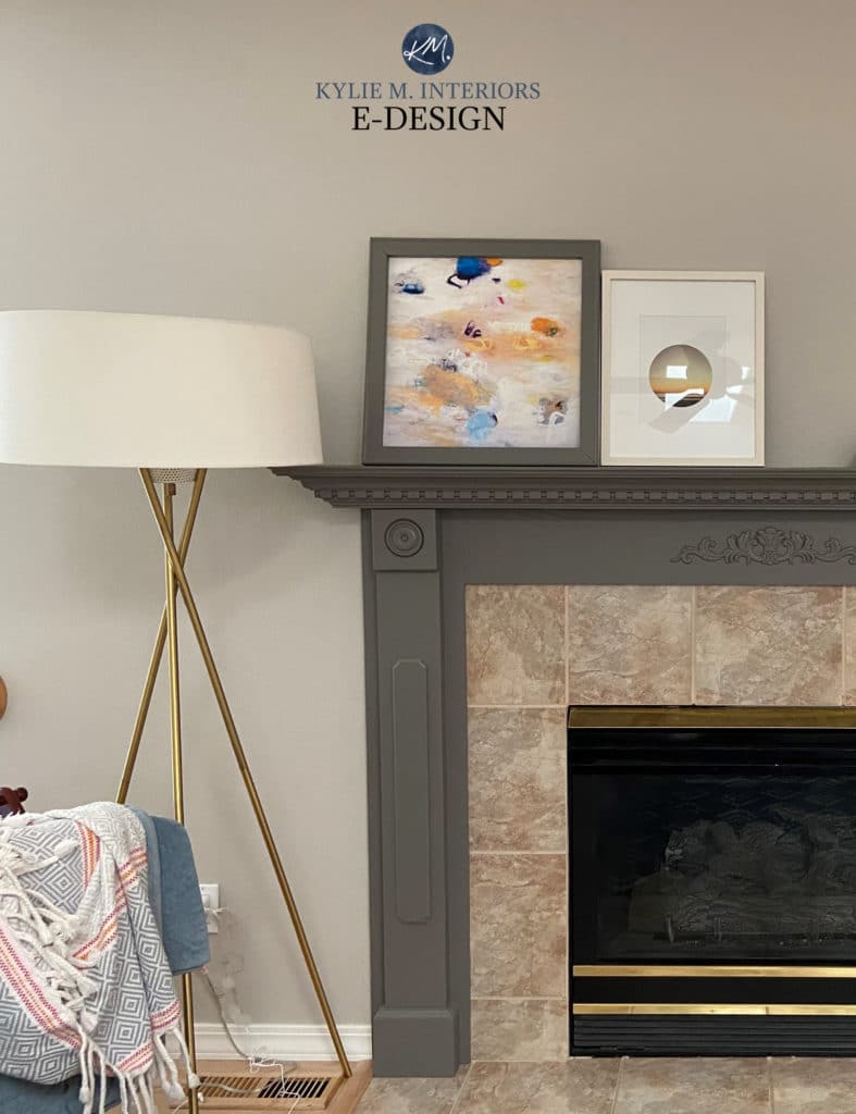 Best taupe greige paint colour, beige tile update ideas. Benjamin Moore Fog. Kylie M Interiors Edesign, online paint color consultant