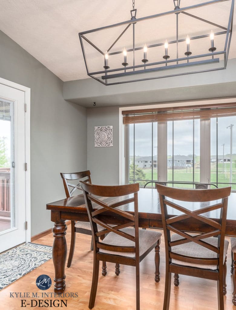 Dining room, wood trim, modern farmhouse chandelier, green paint colour Benjamin Arctic Shadows. Kylie M Interiors Edesign, home staging ideas and color advice (2)