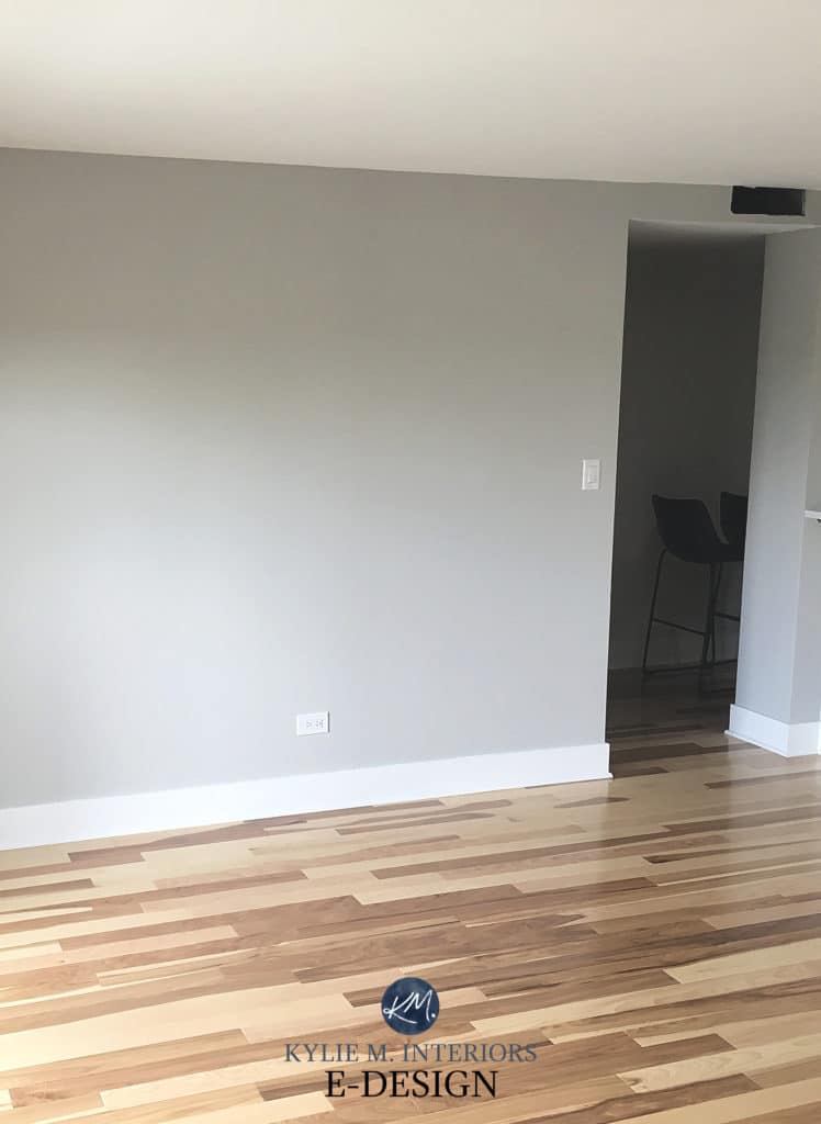 Gray Owl with warm yellow toned wood flooring. Best gray paint color. Kylie M Interiors Edesign expert, online consulting and diy