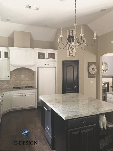 Kitchen cabinets painted Sherwin Williams Alabaster, walls Bleeker Beige, island Tricorn Black, granite countertops