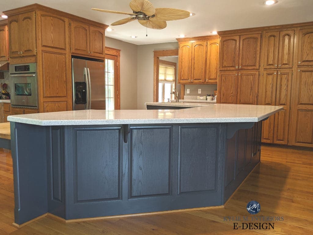 Oak wood kitchen cabinets update ideas painted island in Sherwin Williams Cyberspace, brass hardware, oak flooring. Kylie M Interiors Edesign, online paint colour expert decorating blogger (6)