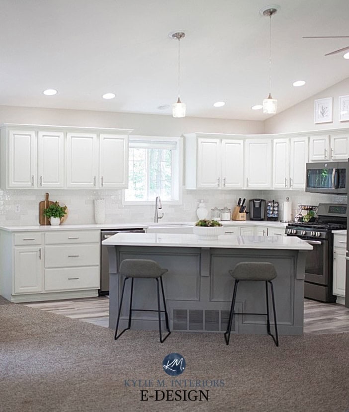 Oak wood painted cabinets, Benjamin Moore White Dove, island Dovetail, taupe carpet. Kylie M Interiors Edesign, split level idea (1)