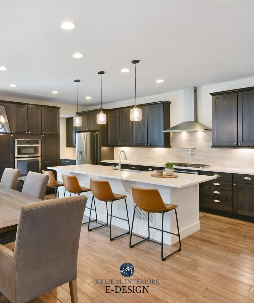 Open layout dining room, kitchen dark wood cabinets, tile wood look floor. Sherwin Williams Pure White. Paint color consulting Kylie M Interiors Edesign (12)