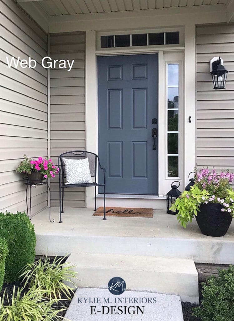 Painted front door colour ideas. Sherwin Williams Web Gray. Kylie M Interiors Edesign, online diy decorative advice. Curb appeal with beige or tan siding