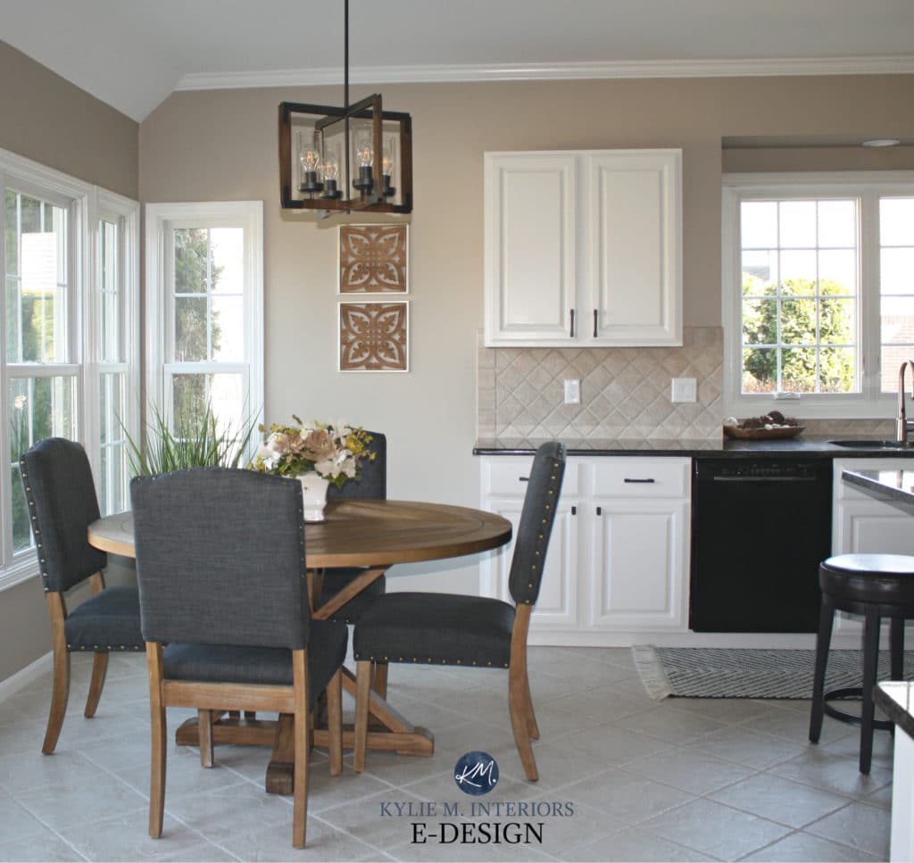 Painted maple cherry cabinets in off-white, walls Sherwin Balanced Beige. Green granite, beige tile. Kylie M Interiors Edesign, online paint colour advice blog