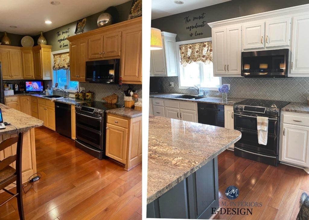 Painted maple or cherry cabinets before and after. Sherwin Aesthetic White, granite counters. Kylie M Interiors Edesign, online paint colour consulting and virtual diy decorating advice blogger (1)
