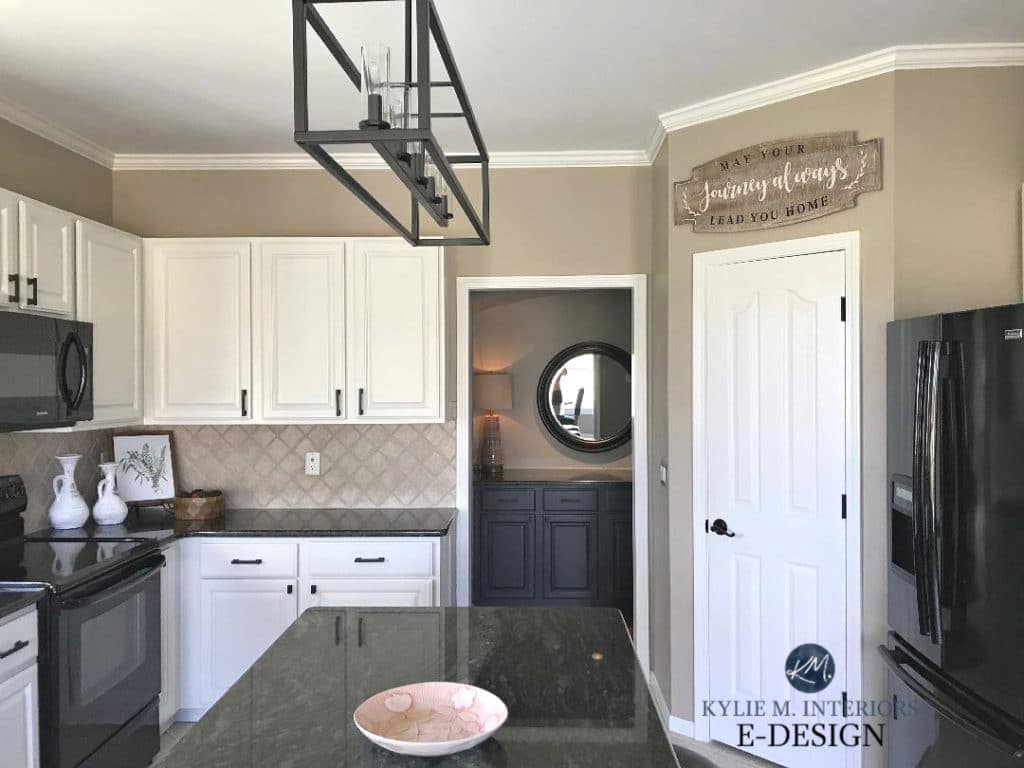 Painted oak cherry cabinets. Off-white, walls Sherwin Balanced Beige, beige tile floor, green granite. Kylie M Interiors Edesign, online consulting