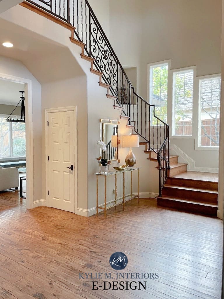 Sherwin Williams Aesthetic White, best off white warm neutral paint color. Kylie M Interiors, expert Update ideas for 2000s staircase.