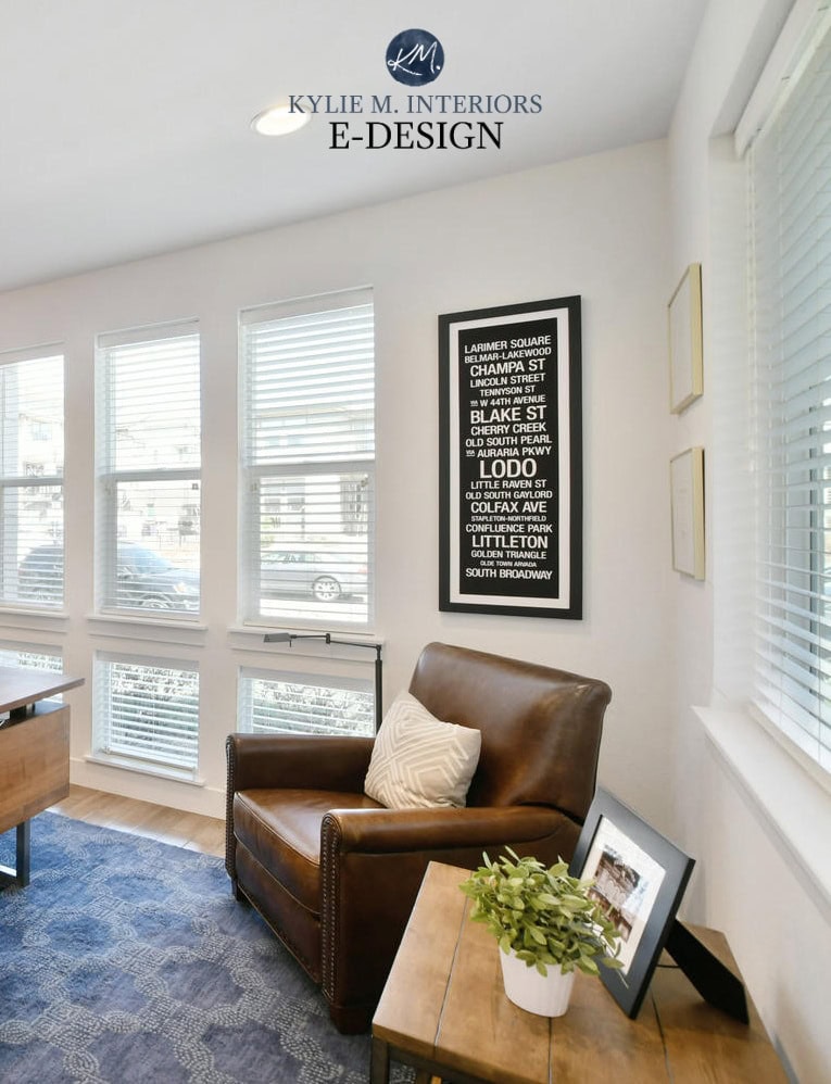 Sherwin Williams Pure White in home office with leather chair. Best white paint color. Kylie M Interiors edesign, virtual or online paint color expert, diy decorating ideas and home staging